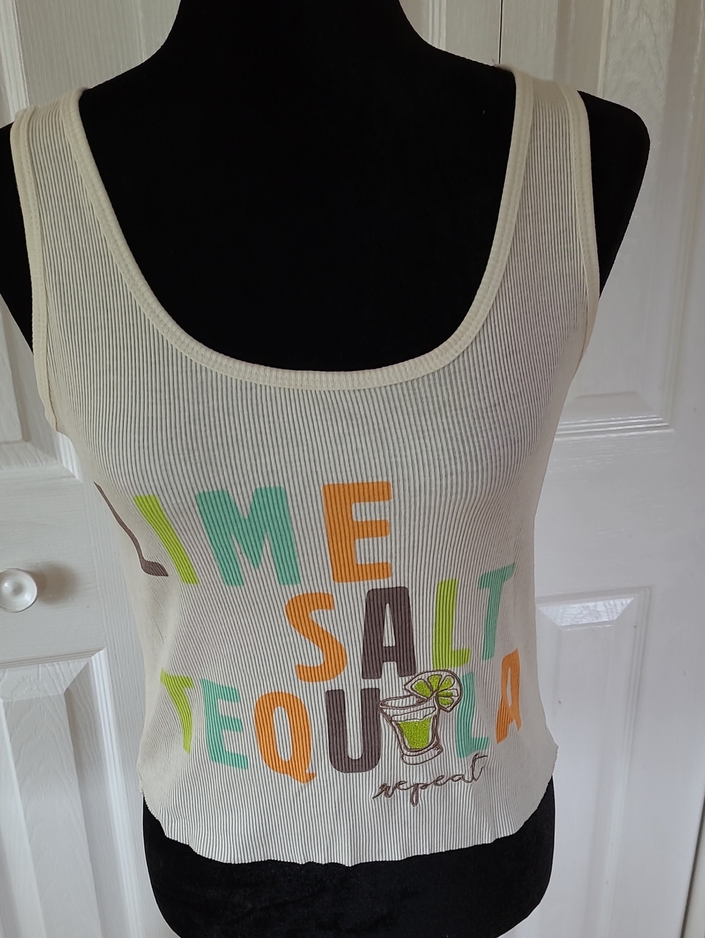 Cream Ribbed Tank Top with Colorful Tequila Graphic